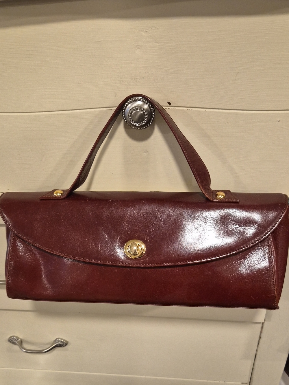 Classic Leather Top-Handle Clutch in Deep Burgundy
